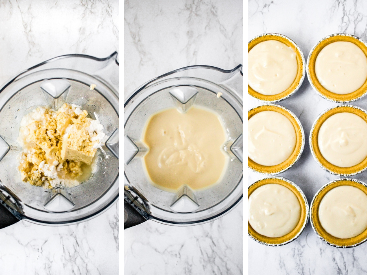 A grid with three photos showing the process of making easy vegan cheesecake out of tofu in the blender