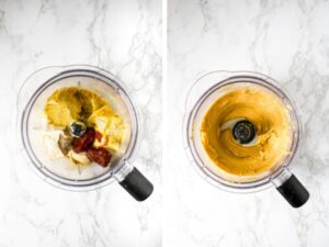 A grid with two overhead photos showing vegan queso ingredients in a blender before and after they're blended