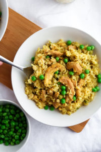 This easy slow cooker vegan chicken and rice is classic comfort food made vegan! Great for a busy weeknight or meal prep session, it's also healthy, gluten-free, and can easily be made oil-free. #vegan #crockpot #slowcooker #rice #soycurls // plantpowercouple.com