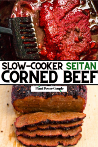 Overhead view of a seitan corned beef roast in a slow cooker being flipped with a black plastic spatula with text reading slow cooker seitan corned beef
