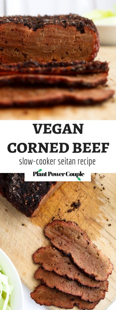 Vegan Corned Beef that is as meaty and flavorful as any non-vegan version we've ever had but made from seitan in the slow-cooker! The gorgeous color comes from beet puree, a much healthier alternative that still kicks ass. #vegan #seitan #plantbased #crockpot