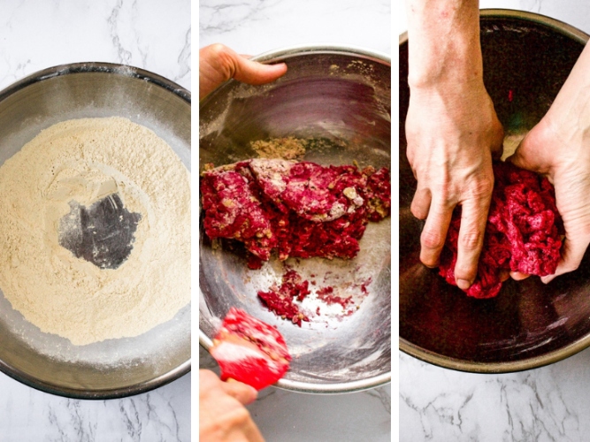 A grid with three photos showing the process of making corned beef seitan dough