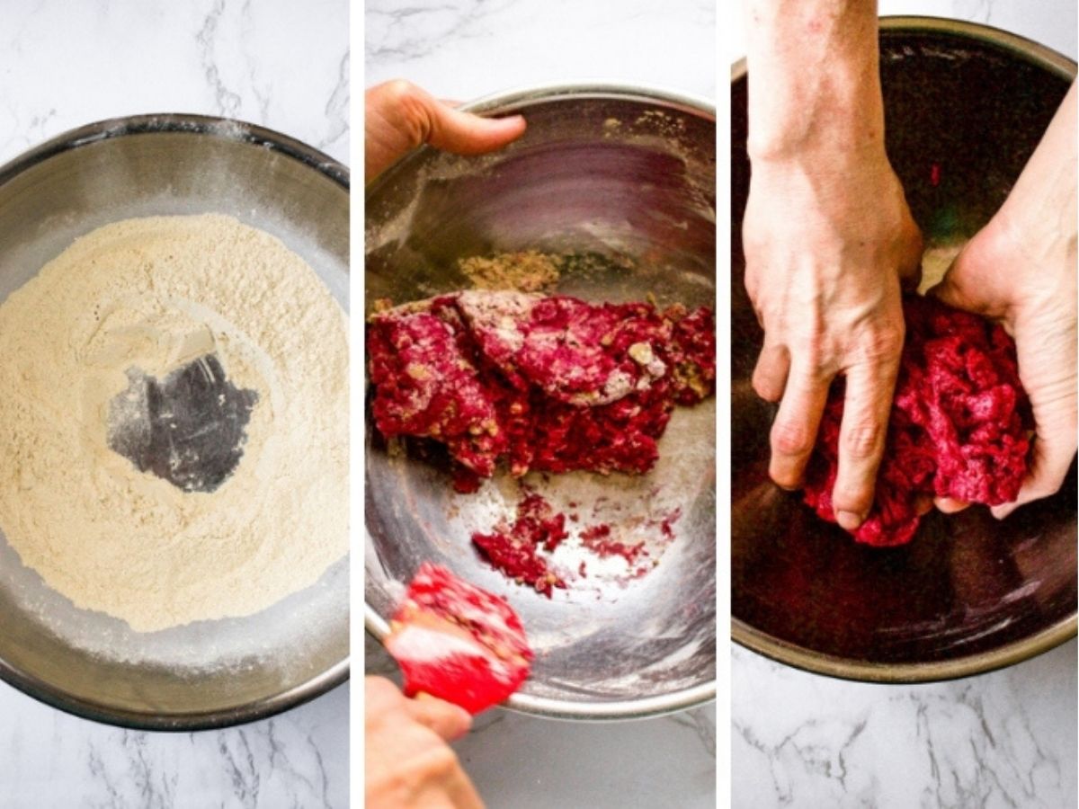 A grid with three photos showing the process of making corned beef seitan dough