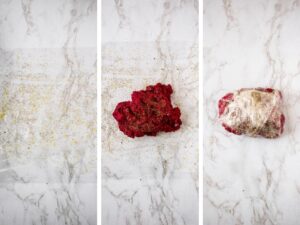 A grid with three photos showing the process of adding a spice rub to a seitan roast and wrapping it in plaastic