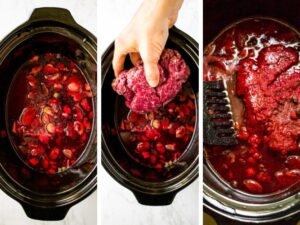 A grid with three photos showing the process of cooking a vegan corned beef roast in a slow cooker