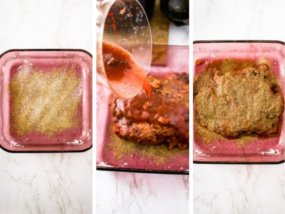 A grid with three photos showing the process of crusting a seitan roast with black pepper in a baking dish