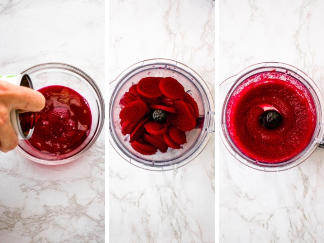 A grid with three photos showing the process of blending beets to make beet puree