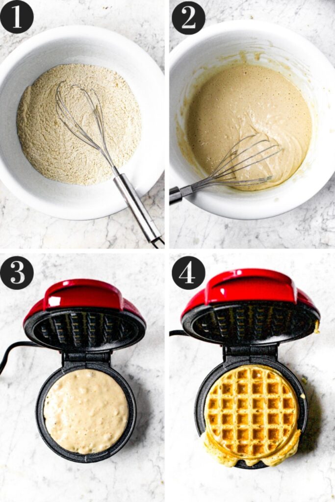 Four photos showing the process of making vegan waffles: mix the dry ingredients, add the wet ingredients, load the waffle maker, and cook until lightly golden brown!