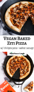 This Vegan Baked Ziti Pizza is like a delicious dream: Saucy chickpea ziti, flavorful walnut sausage, and an ooey gooey mozzarella sauce on a fluffy pizza crust baked to perfection in your cast iron pan. #vegan #vegetarian #pizza #ziti #walnuts // plantpowercouple