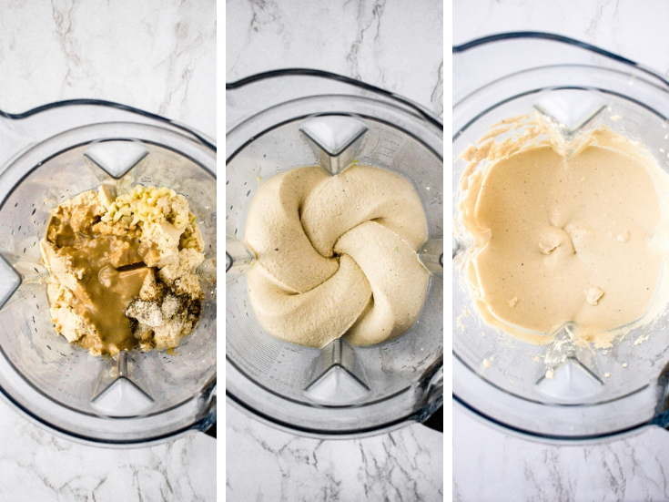 Three side by side overhead shots of a blender during each process of blending tofu feta dip.