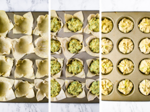 The process of making mini vegan quiche cups: Line a muffin tin with puff pastry squares, fill with tofu quiche filling, close and bake!