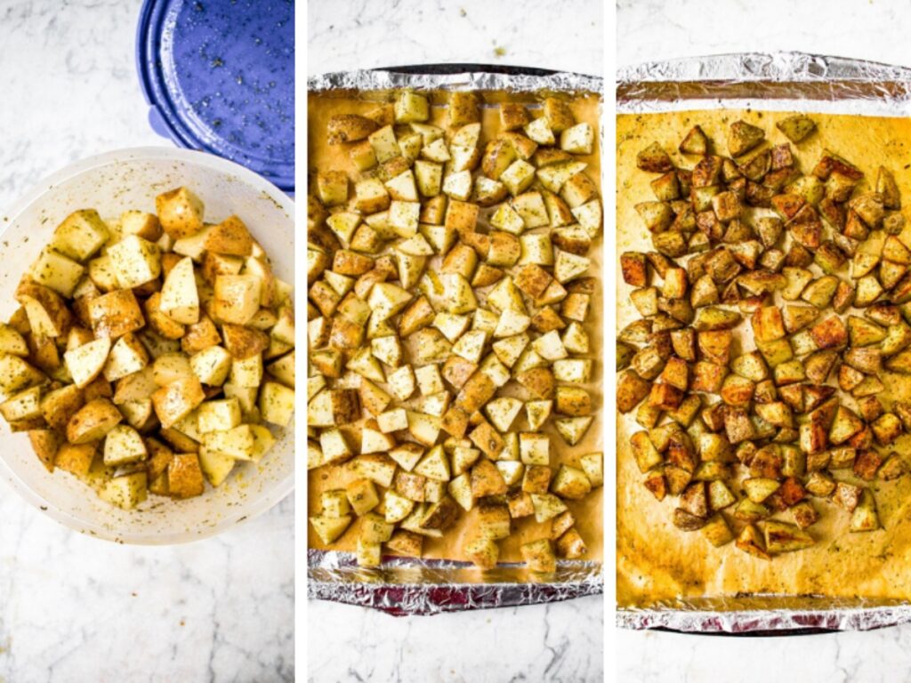 Three side by side photos showing the process of making crispy oven roasted potatoes: the first photo shows diced potatoes in a bowl coated in oil and spices. The second photo is an overhead shot of the diced potatoes on a parchment lined baking sheet. The third photo shows that same baking sheet once the potatoes are cooked, browned, and crisp.