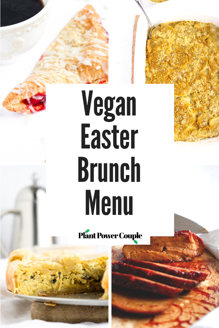 Our (Actual) Vegan Easter Brunch Menu including homemade seitan ham, au gratin potatoes, tofu quiche, vegan feta cheese, cherry turnovers, and more! #vegan #easter #plantbased #vegetarian #brunch // plantpowercouple.com