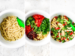A grid with three overhead photos showing the process of mixing pasta, veggies, and dressing to make vegan pasta salad