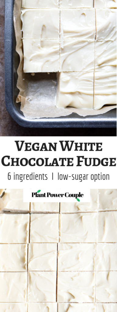 This 6-ingredient Vegan White Chocolate Fudge is the dessert of your summer dreams! It’s decadent and delicious, takes about 15 minutes of active time to make + even includes a low(er) sugar trick we love. #vegan #dairyfree #fudge #whitechocolate #veganchocolate // plantpowercouple.com