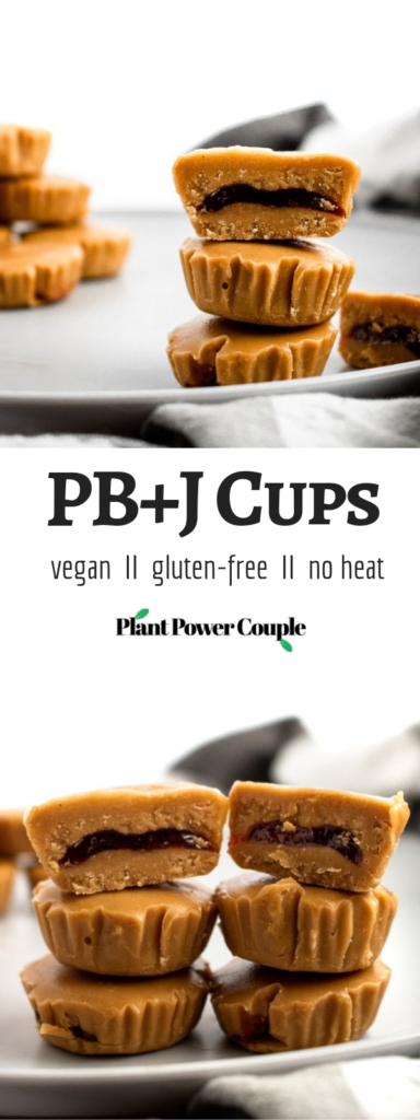PB + J meets peanut butter cup in this killer combo of classic comfort foods! These delightful PB+J Cups are easy to make with only 4 ingredients, simple methods, and no heat required. They’re the ultimate summer sweet for your kids or the kid in us all! #vegan #dairyfree #vegancandy #veganrecipes #glutenfree //plantpowercouple.com