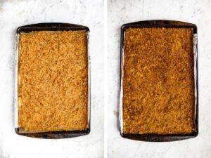 Two side by side photos showing the before and after of making spicy tomato coconut bacon. The first photo shows the marinated coconut on a baking sheet before baking. The second photo shows the same baking tray after the coconut is baked, browned, and crispy.