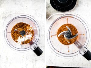 Two side by side overhead shots of a food processor before and after pulsing the sea salt with coconut bacon to make vegan bloody mary bacon salt.