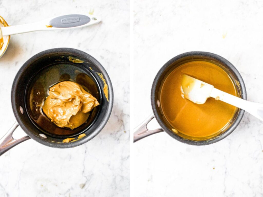 Two side by side photos showing the process of heating the peanut butter liquid to make pb and j cups