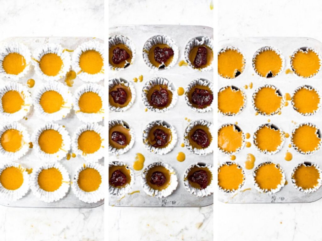 Three side by side photos showing the process of layering peanut butter and jam in a mini muffin tin to make pb and j cups
