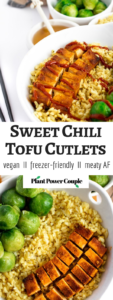 Sweet Chili Tofu Cutlets: Get this simple tofu recipe on your weekly rotation STAT! Tender, frozen-and-pressed tofu is marinated in an intoxicating combination of spicy sriracha and sweet agave with a kick of fresh garlic and baked ‘til crisp on the outside + meaty on the inside. #vegan #tofu #tofumarinade # vegetarian // plantpowercouple.com