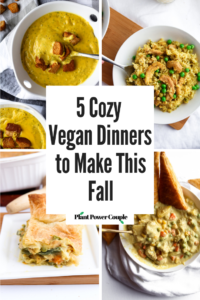 These 5 vegan dinner recipes are easy to make, full of healthy veggies, and as cozy as a bowl full of hugs. They’re freezer-friendly, perfect for meal prep, and choices the whole family will love! #vegan #vegandinner #veganrecipes #plantbased // plantpowercouple.com