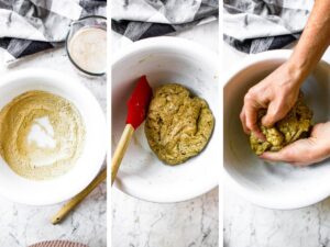 A grid with three photos showing the process of making seitan dough for vegan sausages