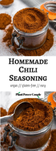 This homemade chili seasoning is simple, requiring only 11 common spices + less than 10 min. It’s perfect for chili, popcorn, tofu scramble, and soups! #vegan #veganrecipe #chili #spicemix #seasoning // plantpowercouple.com