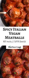 The BEST Vegan Meatballs made with TVP. They're SUPER meaty, full of spicy Italian flavor, and NOT mushy - our #vegan #meatball dreams come true! #vegetarian #veganmeatballs #plantbased #plantpowercouple