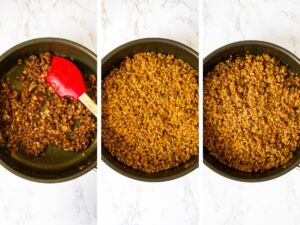 Three photos showing the first three steps to making vegan meatballs: saute onions and garlic in olive oil and sprinkle with spices. Add TVP, water, and soy sauce. Stir, cover the pot, and let the TVP rehydrate.
