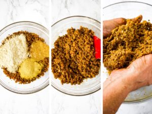 3 photos showing the 3 steps to making TVP meatball mix: Step 1 shows a rehydrated TVP mixture with vital wheat gluten, a flaxseed egg, and nutritional yeast. The second shows the same bowl after being stirred together. The third shows the stringy meaty texture of the mix after kneading.