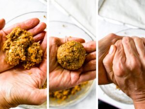 Three photos showing the 3 steps of how to form vegan meatballs: Take 1/4 cup of mixture in your hands, roll into a ball, and squeeze the ball tightly to make it compact.