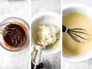 A grid of 3 overhead photos showing the process of making the elements you need for cinnamon swirl pancakes: pancake batter, cream cheese frosting, cinnamon butter