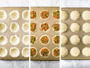 Three photos showing how to assemble vegan cottage pie cupcakes: Line the muffin tin with mashed potatoes, fill them with the vegan beef and vegetable filling, top with more dairy free mashed potatoes.