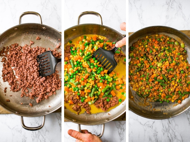 Three photos showing how to make the filling for a vegan cottage pie or shepherd's pie: brown the plant-based ground meat, add the veggies and gravy, simmer til thick.