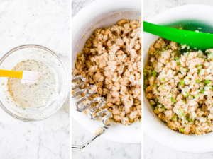 Three overhead photos showing the process of mixing the seasoned vegan mayo, mashing the white beans, and mixing it all together with celery and onion to make vegan tuna salad.