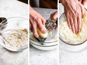 A grid with three photos showing the process of mixing dry ingredients and preparing grated potatoes to make potato pancakes