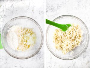 A grid with 2 photos showing the process of mixing potato pancake mix in a large glass mixing bowl