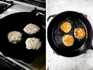 A grid with two photos showing the potato pancakes in a cast iron pan before and after they're cooked