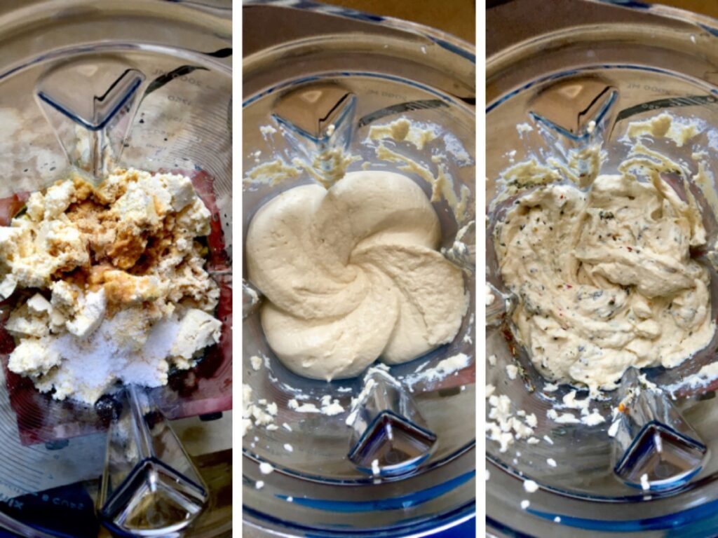 Three overhead shots of a Vitamix side by side. The first shows the vegan feta ingredients before being blended. The second shows the ingredients after blending. The third shows the vegan cheese mixture after pulsing in the herbs.