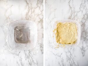 Two side by side overhead photos of a container lined with plastic wrap: before and after filling it with vegan tofu feta cheese mix.