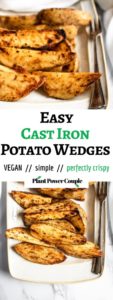 These cast iron potato wedges recipe is easy to make, super dependable, and can be altered to your specific spice/flavor desires. A healthier alternative to french fries, they’re great paired with ALL your summer grilling favorites or just as a snack served with ALL the dips! #vegan #potatoes #potatowedges #plantbased #castiron #comfortfood #veganrecipe