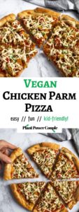 Vegan Chicken Parm Pizza is a fun dinner recipe that’s kid-approved, freezer-friendly, and easy to make. A delicious twist on two classic comfort foods, you can make this vegan pizza from-scratch OR use some of the store-bought shortcuts we suggest. #vegan #plantbased #veganpizza #pizzarecipe #vegancomfortfood #comfortfood #pizza #dinner
