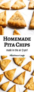 Make your own pita chips in the air fryer with just 4 ingredients and 20 minutes of your time! Perfect for snacking or dipping in hummus. #vegan #veganrecipe #airfryer #airfryerrecipes #pitachips #easyveganrecipes #vegansnack #homemade