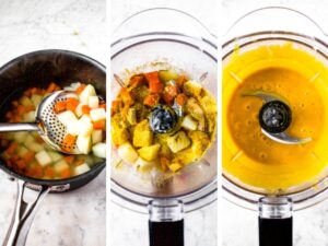 A grid with three photos showing the process of boiling and blending carrots and potatoes with spices to make vegan yolk sauce
