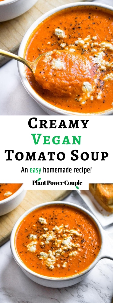 Behold: The creamiest, cheesiest, coziest homemade vegan tomato soup! It's an easy and healthy dinner recipe that can be made from either fresh tomatoes or canned tomatoes. It’s freezer-friendly, perfect for meal prep, and has a rich creamy texture. You'll be shocked it’s dairy-free! #vegan #vegansoup #tomatosoup #dairyfree #plantbased #homemadetomatosoup #pantrystaples #freezerfriendly #easyveganrecipe #freshtomatoes #veganmealprep
