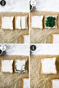 Four photos showing the process of assembling a dairy free feta and spinach grilled cheese.