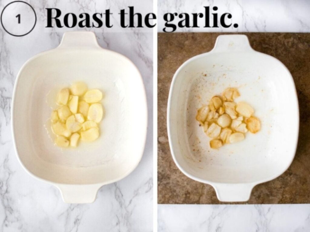 A grid with two photos of 8 garlic cloves in a white baking dish before and after they've been roasted with text reading step two roast the garlic