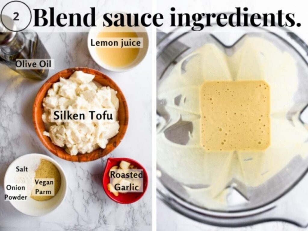 A grid with two photos showing the ingredients in vegan garlic sauce before and after they are blended into a creamy vegan pasta sauce
