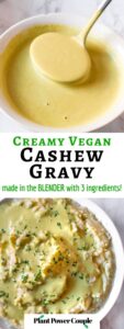 This easy vegan cashew gravy takes 10 minutes, uses 3 ingredients, and is made in your blender. You don’t even need to turn on your stove! This quick side dish is the perfect vegetarian gravy for biscuits, waffles, or mashed potatoes. It’s great for Thanksgiving or Christmas and appeals to lots of dietary needs because it’s gluten-free, dairy-free, oil-free but still FULL flavor.